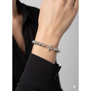 Sterling Silver Beaded Bracelet Toggle Clasp Chunky‎ Ball Chain Basic Normcore
